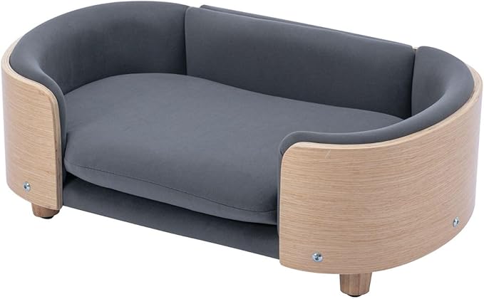 Velvet Dog Bed Pet Sofa with Solid Wood Legs and Bent Wood Back, Stain-Resistant Cushion in Multiple Colors - Luxury Pet Furniture for Cats and Dogs, Dark Grey