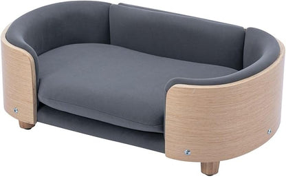Velvet Dog Bed Pet Sofa with Solid Wood Legs and Bent Wood Back, Stain-Resistant Cushion in Multiple Colors - Luxury Pet Furniture for Cats and Dogs, Dark Grey