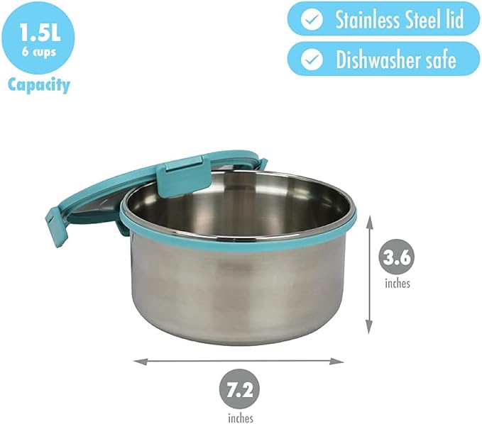 MIRA 6 Cup Stainless Steel Salad Bowl - Portable Lunch Container with Secure Lid - To-Go Size, Frost