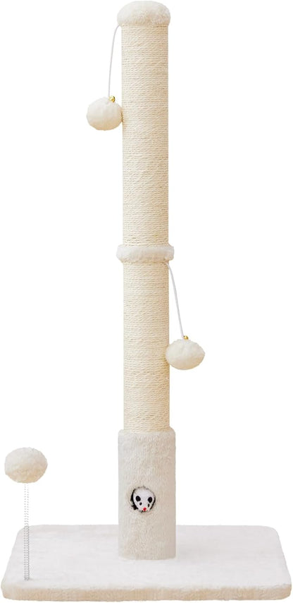 Woochpet Cat Scratching Posts 33" for Adults Cats, Cat Scratcher with Soft Fabric Covering Base and Durable Sisal Rope, Scratcher with Fun Mouse Hole and Cat Toy for Tall Cats (White)