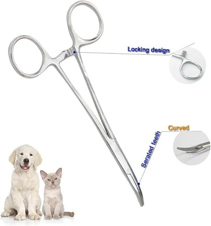 Pets ears/nose hair Puller Straight & Curved full serrated, stainless steel Home Hemostat Locking Forceps, Professional pet grooming tool for cats & dogs 2pcs set