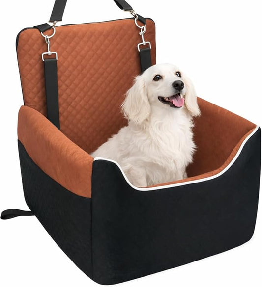 ALL GOOD PET SUPPLIES Dog Car Seat for Small/Medium Dogs Under 35lbs, Soft Booster Car Seat with Detachable Washable Cover and Cushion, Puppy Dog Car Bed, Black/Brown