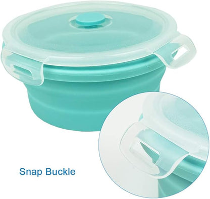 CARTINTS Small Collapsible Bowl Silicone Food Storage Containers Collapsible Camping Bowl for Travel Camping Hiking with Airtight Plastic Lids and 2Pack Silicone Dish Sponges- Blue, 350ml