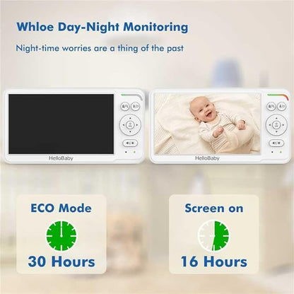 HelloBaby Baby Monitor with 2 Cameras, World First 6" IPS Split Screen, Double Cameras No WiFi, 30H Battery, 2-Way Audio, Pan-Tilt-Zoom, VOX Mode, Night Vision, 8 Lullabies, 1000ft Range