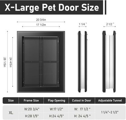 Aluminum French Extra Large Dog Door, Heavy-Duty with Strong Double Magnetic Flaps & Aluminum Telescoping Tunnel, for X-Large/Large Dogs Up to 200LBS - Black,