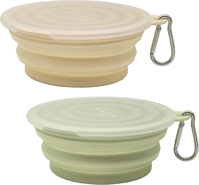 Small Collapsible Dog Bowl 12oz,2 Pack Portable and Foldable Pet Travel Bowls with 2 Carabiners & Lids for Dogs Cats and Small Animals (Macaron Yellow+Green, 350ml)