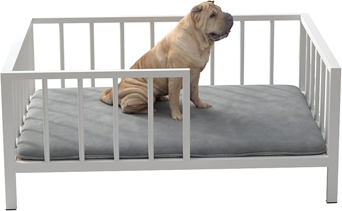 OSCHF Dog Bed with Rails - Elevated Pet Metal Bed Frame with Solid Wood Board and Washable Soft Mat for Medium Dog Indoor or Outdoor Use, 25.2" x 37.8", White