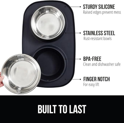 GORILLA GRIP Feeding Mat Set, Patent Pending 100% Waterproof BPA Free Silicone, Stainless Steel Cat and Dog Bowls, Slip Resistant, 1 Black mat/tray with 2 stainless steel bowls