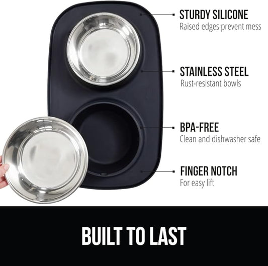 GORILLA GRIP Feeding Mat Set, Patent Pending 100% Waterproof BPA Free Silicone, Stainless Steel Cat and Dog Bowls, Slip Resistant, 1 Black mat/tray with 2 stainless steel bowls