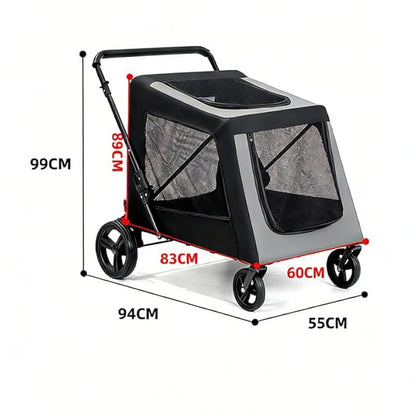 Extra Large Dog Stroller for Large Dogs Up to 130 lbs, Heavy Duty Pet Stroller with Breathable Mesh, Easy Fold Travel Pet Cart with Cup Holder, Adjustable Handle, Secure Safety Belts