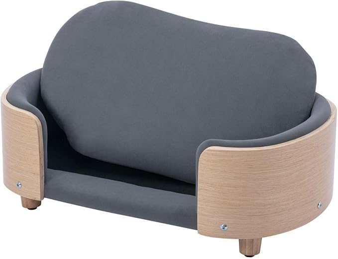 Velvet Dog Bed Pet Sofa with Solid Wood Legs and Bent Wood Back, Stain-Resistant Cushion in Multiple Colors - Luxury Pet Furniture for Cats and Dogs, Dark Grey