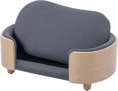 Velvet Dog Bed Pet Sofa with Solid Wood Legs and Bent Wood Back, Stain-Resistant Cushion in Multiple Colors - Luxury Pet Furniture for Cats and Dogs, Dark Grey