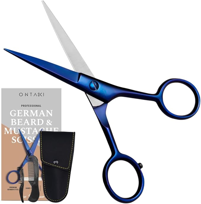 Ontaki Beard & Mustache Scissors for Men - 5inch, Midnight Blue - 410C German Steel Durable, Ergonomic Design Travel Friendly Beard Scissors for Men - Beard Kit 2 Combs & Case Perfect for Styling