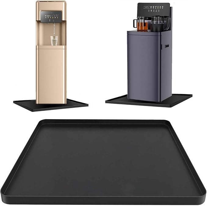 24x16x0.8 Inch Waterproof Water Cooler Mat with Raised Edge - Non-Slip Spill Drip Tray for Cooler Dispensers, Easy to Clean Mat for Floor & Countertop Protection in Kitchen, Office, Bedroom (Black)