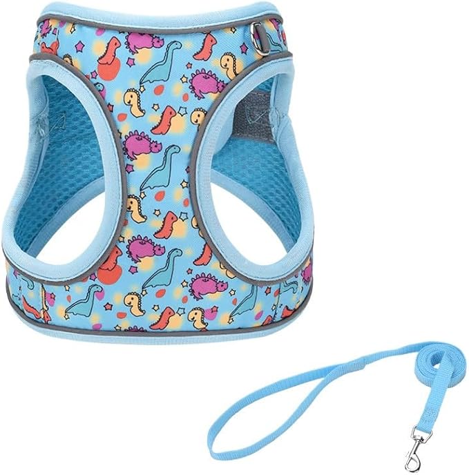 XXS Blue Dinosaur Pattern Dog Harness and Leash Set,No Escape Puppy Harnesses for Training Walking，Breathable Adjustable Puppy Vest for Small Medium Dogs, Cats (Blue, XXS)