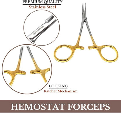 HTI Dog CAT PET Hair Puller Remover Stainless Steel Hemostat Locking Forceps 5.5" Curved Full Serrated (Gold Handle)