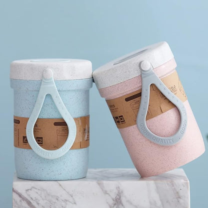 LZYMSZ 2PCS Wheat Straw Soup Cup, 300ml Portable Microwaveable Breakfast Cup, 2 Colors Porridge Lunch Box with Spoon for Office Outdoor Travel (Blue and Pink)