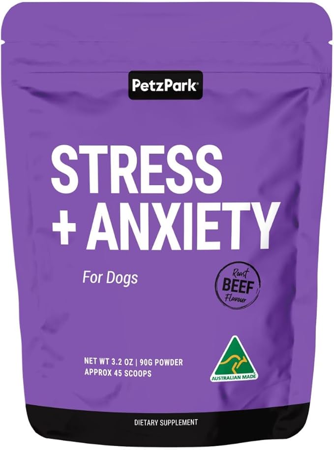 Petz Park Stress + Anxiety Dog Calming Supplement 45 Scoops, Anxiety Supplement, Dog Calming Supplement for Stress Support, Calming Food Topper for Dry or Wet Food, Made in Australia, 3.2oz Powder