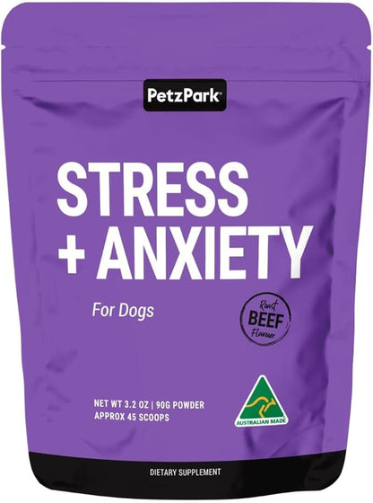 Petz Park Stress + Anxiety Dog Calming Supplement 45 Scoops, Anxiety Supplement, Dog Calming Supplement for Stress Support, Calming Food Topper for Dry or Wet Food, Made in Australia, 3.2oz Powder