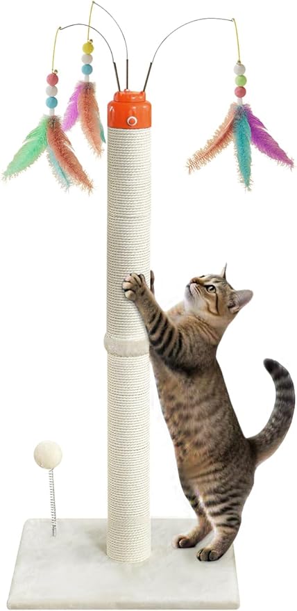 YARUOMY Cat Scratching Post ，33.4" Sisal Rope Cat Scratcher Tall Scratching Post for Indoor Cats with Interactive Cat Toys Automatic Teaser Wand and Rotating Hanging Balls