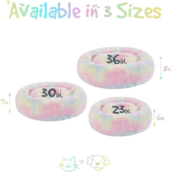 Friends Forever Donut Dog Bed Faux Fur Fluffy Calming Sofa For Small Dogs, Soft & Plush Anti Anxiety Pet Couch For Dogs, Machine Washable Coco Pet Bed with Non-Slip Bottom, 23"x23"x6" Rainbow