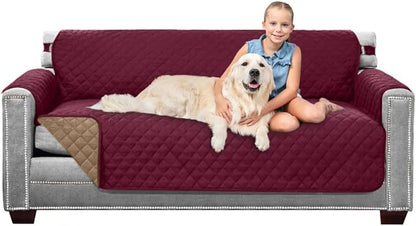 Sofa Shield Couch Slip Covers for Dogs, Reversible Furniture Protector with Strap, Stain and Tear Resistant Cushion Cover, 70 inch Seat, Machine Washable Slipcover Pets, Cats, Burgundy Tan