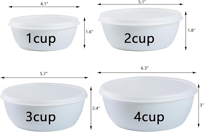 Set of 4 Plastic Prep Bowls with Lids，Microwave and Dishwasher Safe,Ideal for Baking, Prepping, Cooking and Serving Food (White)