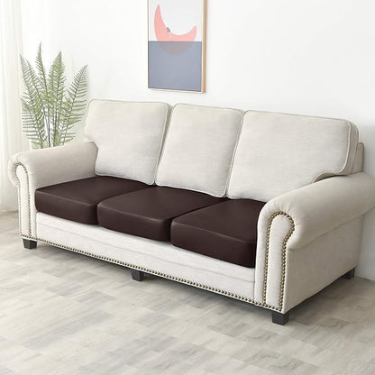 Yates Home PU Leather Couch Sofa Cushion Slipcover Water-Proof Elastic Chair Seat Covers Loveseat Slip Cover for Settee Seater Replacement in Living Room（3 Piece Large Sofa Cushion Covers, Chocolate