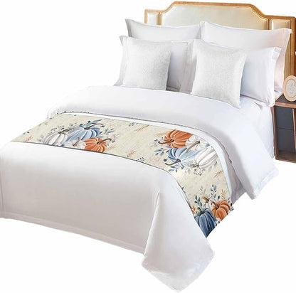 Orange Blue Pumpkins Bed Runner for King Size Bed, Fall Decorative Bed Scarf Throws for Foot of Bed, Thanksgiving Elegant Leaves Luxury Bedding Protector Slipcover Bed Runners for Home, 94 x 20 Inch