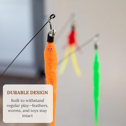 Interactive Cat Toys for Indoor Cats - Retractable Fishing Pole Teaser Wand - Suction Cup Window Mount - Hanging Door Bouncer - 9 Feather Attachments - Bored Adult Feline Activity - Kitten Juguetes