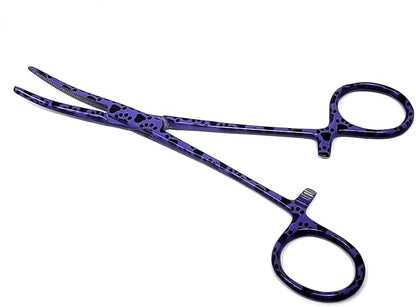 Dog Pet Ear/Nose Hair Puller Grooming Hemostat Locking Forceps Curved Pliers, 5.5" (14cm) Full Serrated Clamps Stainless Steel (Purple Paws)