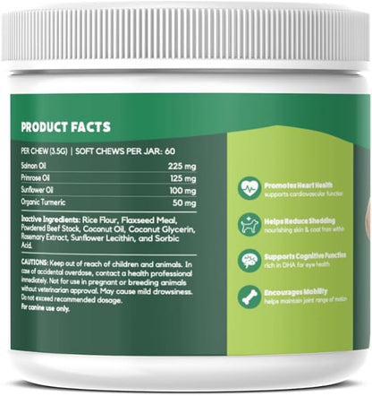 Omega 3 Skin and Coat Chews for Dogs, Dog Salmon Oil Supplement for Joint Pain Relief, Immune Support, Skin and Coat Supplements for Dogs, Chewable Dog Treats for Itchy Skin Relief, 55 Chews, 8 Oz