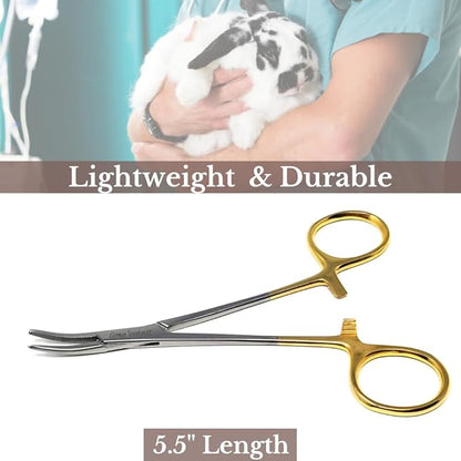 HTI Dog CAT PET Hair Puller Remover Stainless Steel Hemostat Locking Forceps 5.5" Curved Full Serrated (Gold Handle)
