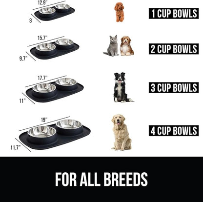 GORILLA GRIP Feeding Mat Set, Patent Pending 100% Waterproof BPA Free Silicone, Stainless Steel Cat and Dog Bowls, Slip Resistant, 1 Black mat/tray with 2 stainless steel bowls