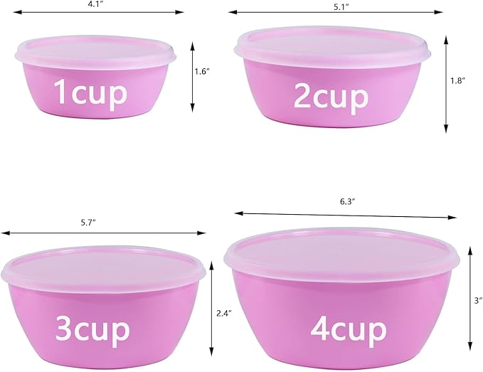Set of 4 Plastic Prep Bowls with Lids，Microwave and Dishwasher Safe,Ideal for Baking, Prepping, Cooking and Serving Food (Pink)