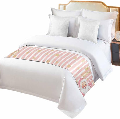 Pink Santa Christmas Bed Runner for Queen Size, Xmas Decorative Scarf Throws for Foot, Snowflake Pink White Striped Luxury Bedding Protector Slipcover for Home, 83 x 20 Inch