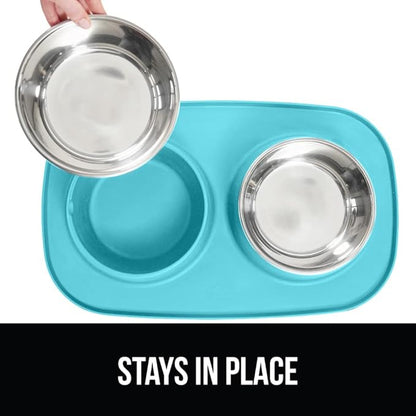 GORILLA GRIP Feeding Mat Bowl Set, 3 Cup 100% Waterproof BPA Free Silicone, 304 Stainless Steel Cat and Dog Bowls for Food and Water, Slip Resistant, High Edge, US Designed, Patent Pending, Turquoise