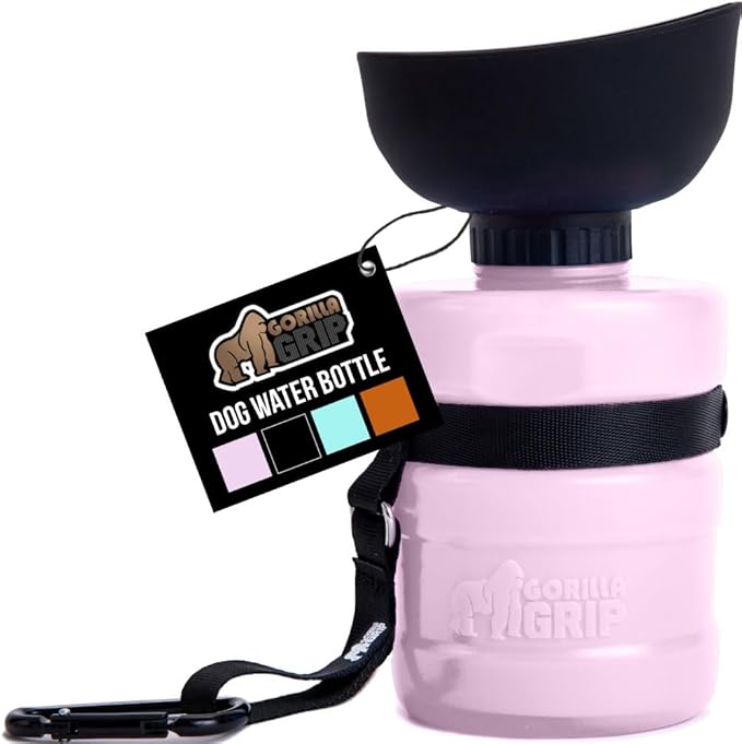 GORILLA GRIP Dog Water Bottle, Portable Water Bowl Dispenser for Dogs, 20 oz Leak Proof Pet Travel Squeeze Bottles, Food Grade Silicone, to Go Puppy Essentials, Hiking Camping Trip Accessories, Pink