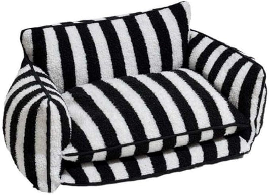Glow Pups Dog Bed Cozy Sofa, Striped Pattern Cat Bed with Soft Faux Lambswool Cushion, Machine Washable Cotton Blend, Three-Sided Design, Black/White, XX-Large 47.24" L x 27.55" W x 15.75" Th