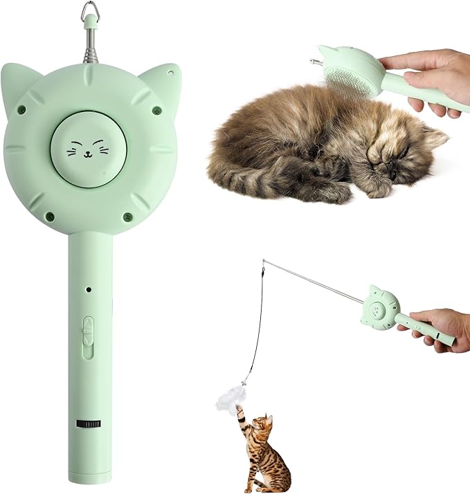 5-in-1 Cat Toy with Laser Pointer, Self-Cleaning Deshedding Brush & Retractable Fishing Pole, Interactive Pet Grooming Comb for Cats & Kittens