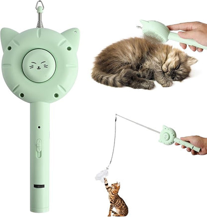 5-in-1 Cat Toy with Laser Pointer, Self-Cleaning Deshedding Brush & Retractable Fishing Pole, Interactive Pet Grooming Comb for Cats & Kittens