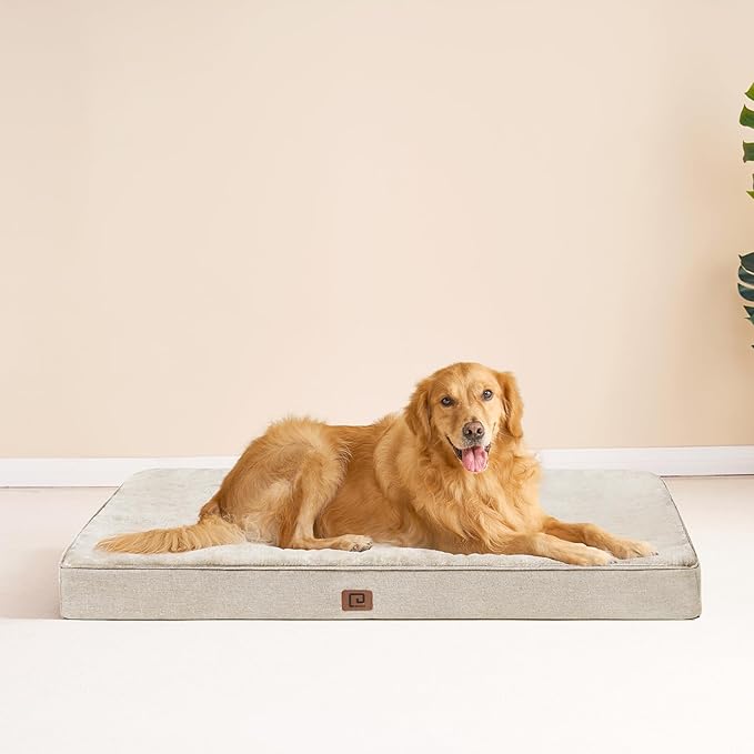 EHEYCIGA Orthopedic Dog Bed Waterproof 41"x27", Memory Foam Pet Bed for XLarged Dogs, Washable Pet Mat with Removable Cover, Beige