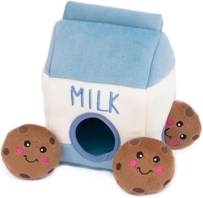 ZippyPaws Burrow- Interactive Dog & Puppy Toys for Boredom, Stimulating Pet Products to Keep them Busy, Hide & Seek Plush Puzzles, Squeaky Toy for Enrichment, For Small & Medium Dogs- Milk and Cookies