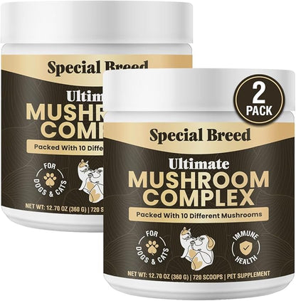 Mushroom Powder for Dogs & Cats - Organic Mushroom Complex for Immunity Support, Immune, Cognition, Vitality - Ten Mushroom Supplement with Turkey Tail, Lion's Mane, Reishi - 360 Gram (Pack of 2)