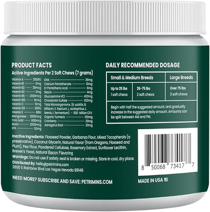 23-in-1 Dog Vitamins Supplements, Multivitamin Treats for Dogs with Glucosamine & Omega-3, Comprehensive Support for Hip & Joint, Digestion, Immune Health, Skin, Heart - 90ct, Bacon