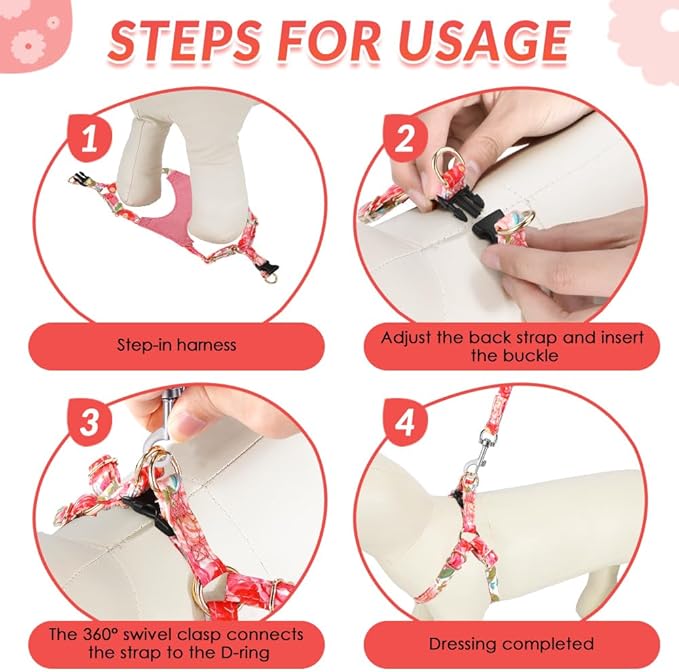 SlowTon Dog Harness Small Sized Dog - Soft XXS Dog Harness and Leash Set No Pull No Chock, Adjustable Lightweight Puppy Harness for XS Small Medium Dogs Cats (Pink Rose, XXS)