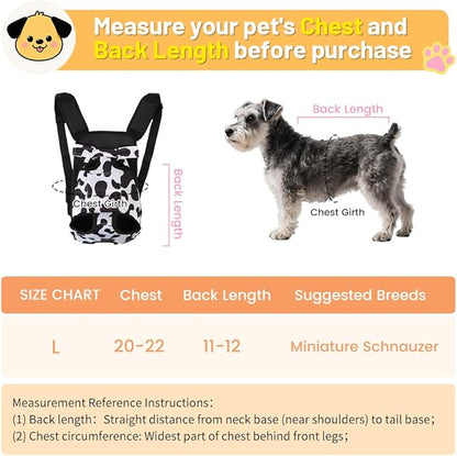 Inspack Dog Backpack Carrier/Cat Carrier, Adjustable Pet Front Carriers Travel Bag for Puppy Medium Dogs, Legs Out, Soft Ventilated Dog Chest Carry Backpacks for Hiking/Camping, 7-11 lbs, Cow Print
