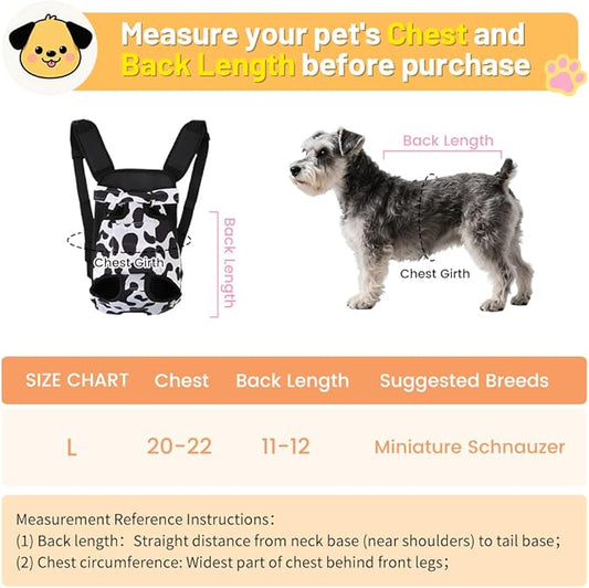 Inspack Dog Backpack Carrier/Cat Carrier, Adjustable Pet Front Carriers Travel Bag for Puppy Medium Dogs, Legs Out, Soft Ventilated Dog Chest Carry Backpacks for Hiking/Camping, 7-11 lbs, Cow Print