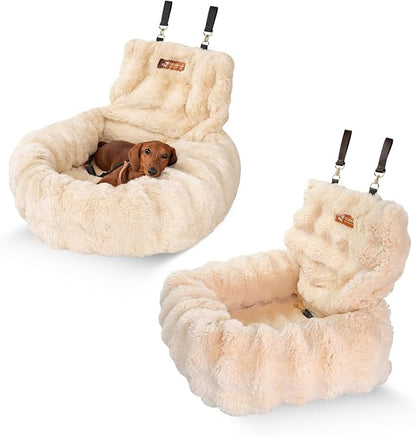 Pelsbarn Luxurious Cozy Car Bed - X-Small Luxury Travel Dog Bed with Safety Belt - Ultra Soft Faux Fur - Beige