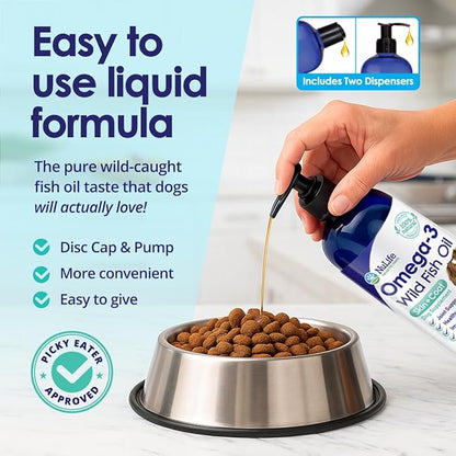 Liquid Fish Oil for Dogs with Omega 3, 6 & 9 Fatty Acids, Wild Caught from Iceland, Skin and Coat Supplement for Shedding, Itchy Skin, Allergies, Brain and Heart Health, Rich in EPA + DHA - 32 oz